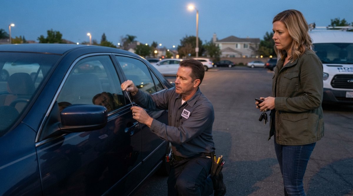 A locksmith in work clothes kneeling beside a locked sedan at dusk, using a slim jim tool on the driver's door while the car owner waits nearby