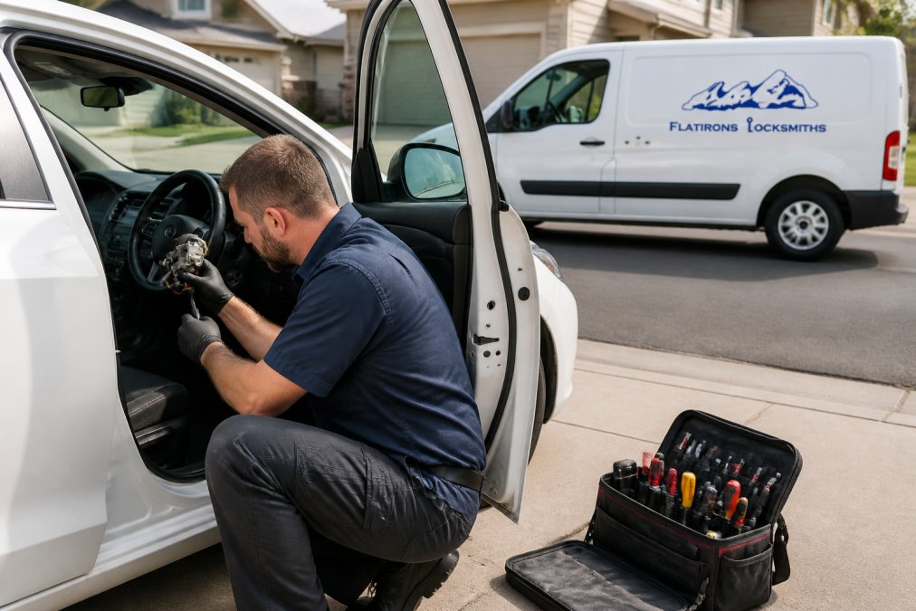 Mobile locksmith using diagnostic tools for ignition repair on a car
