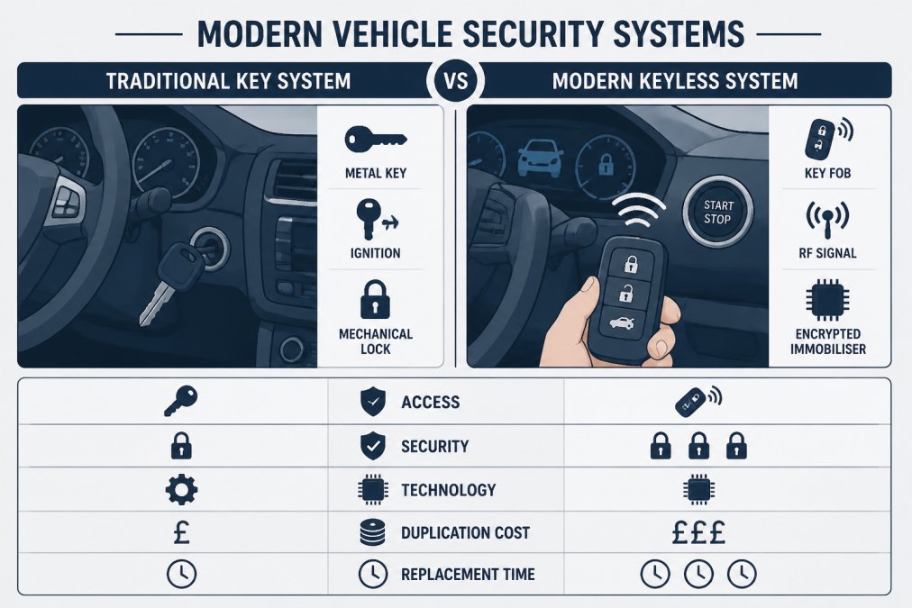 Professional mobile locksmith using diagnostic equipment to programme a car key fob in a vehicle interior, with the vehicle's dashboard and keyless entry button visible