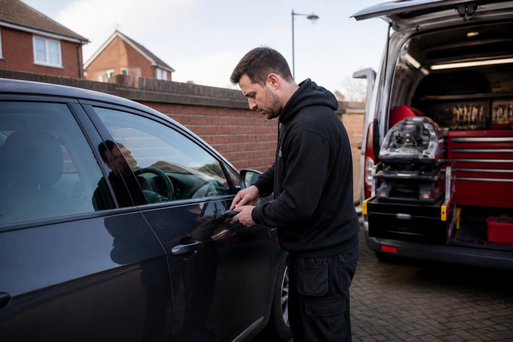 Mobile locksmith technician standing beside a car with tools and equipment visible, demonstrating on-site service capability in a residential driveway setting