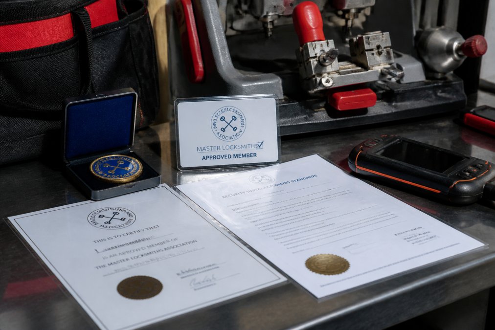 Close-up of professional locksmith credentials, Master Locksmiths Association membership badge, and security certification documents displayed on a work surface with diagnostic equipment in background