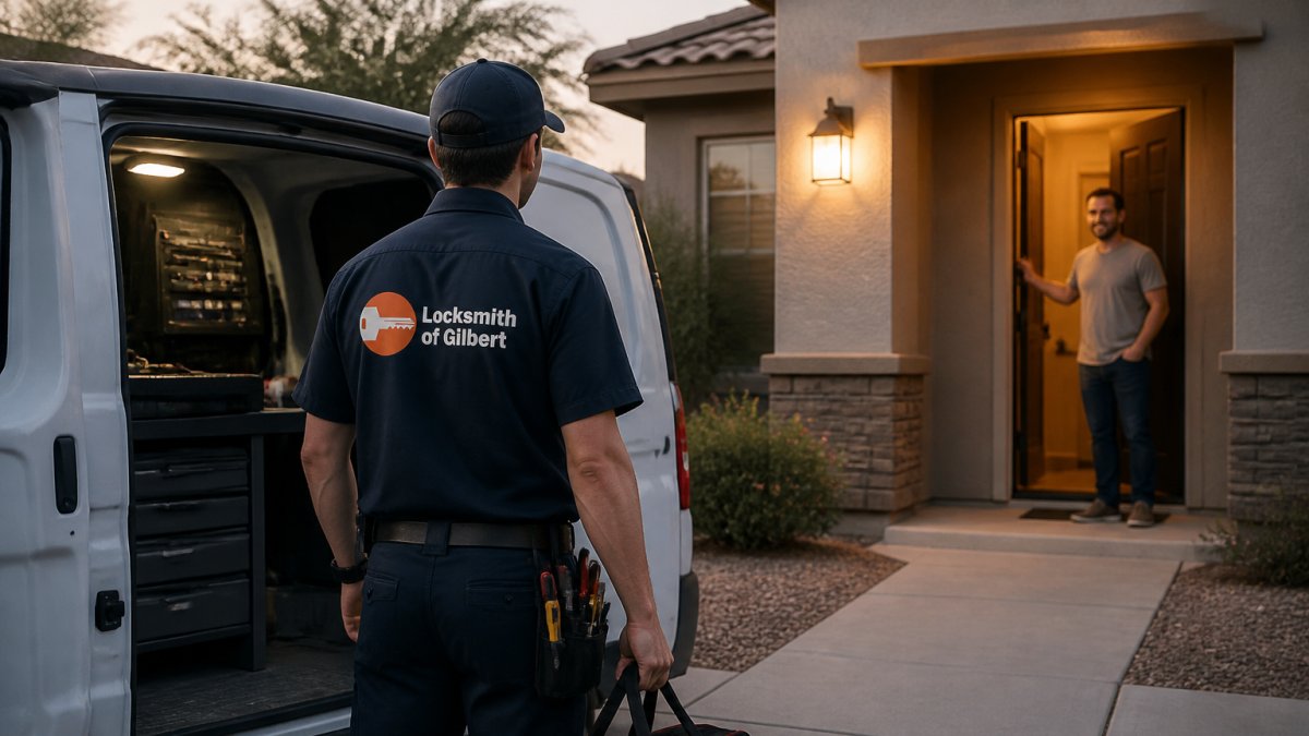 Locksmith in uniform helping a homeowner, illustrating the boundaries of a mobile locksmith service area.