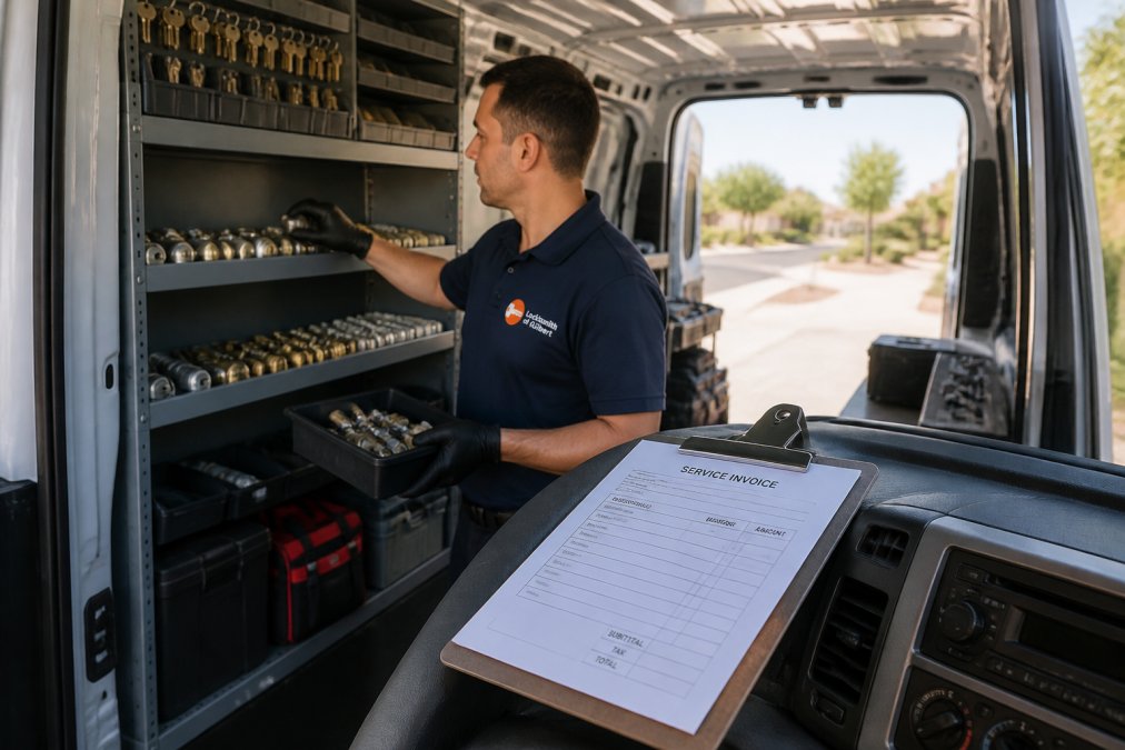A mobile locksmith technician in an open service van organizing lock cylinders and tools on shelving, with a clipboard showing a service invoice resting on the dashboard, daylight streaming through the open rear doors