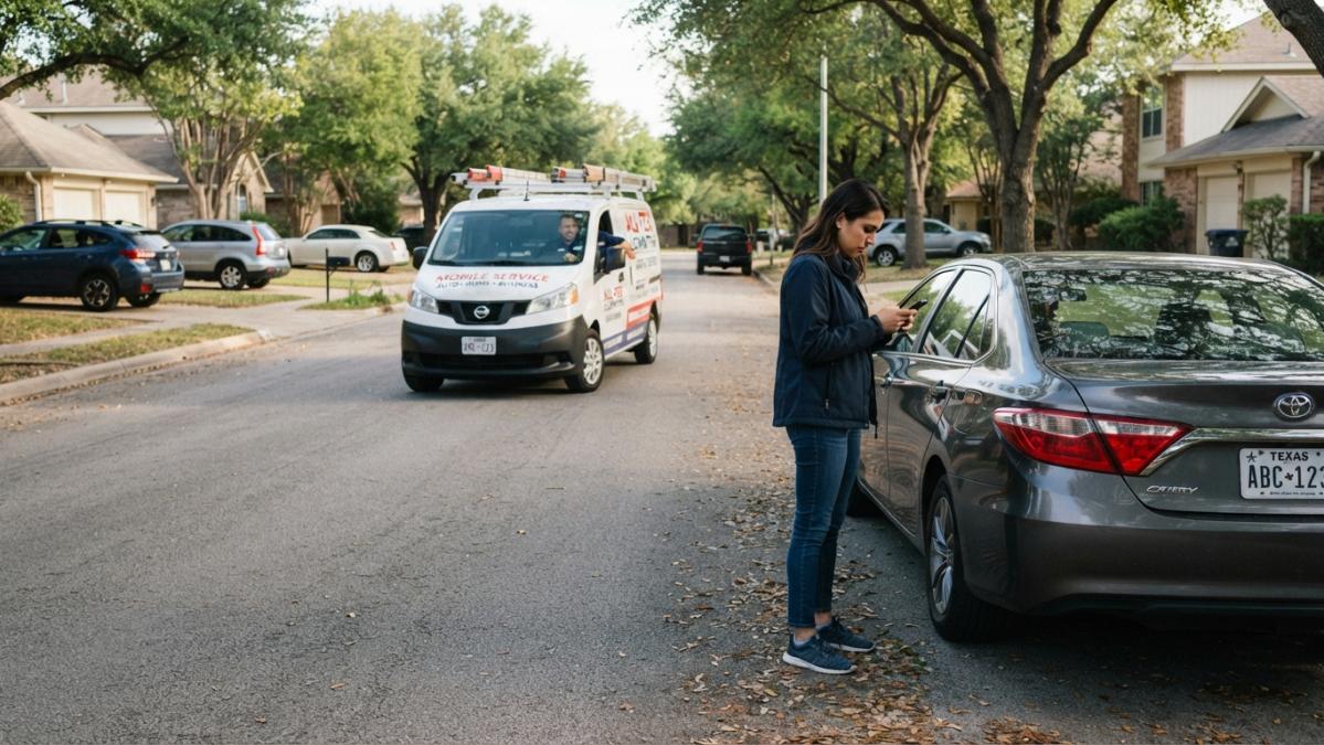 Person standing beside a locked car door looking at their phone, with a locksmith van arriving in the background on a residential street