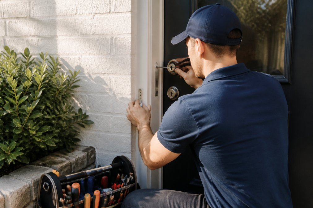 Professional locksmith providing mobile locksmith services for landlords by repairing a residential door lock
