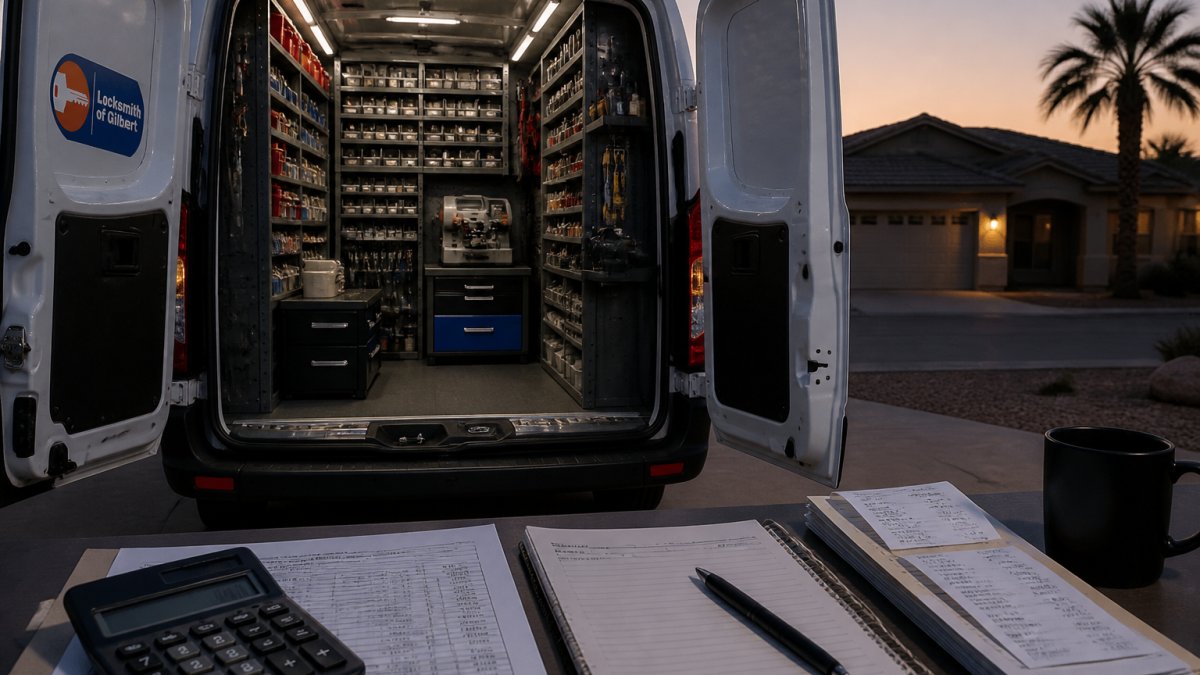 A locksmith van with rear doors open, showing organized shelves of key blanks, lock cylinders, power tools, and a key cutting machine inside, parked in a suburban driveway at dusk
