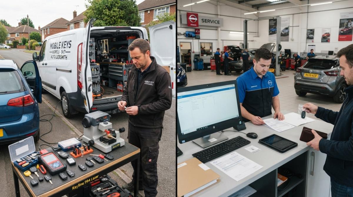 Mobile locksmith technician arriving at a parked car with equipment case, cutting a replacement key on-site while the vehicle owner watches and discusses options nearby in natural daylight