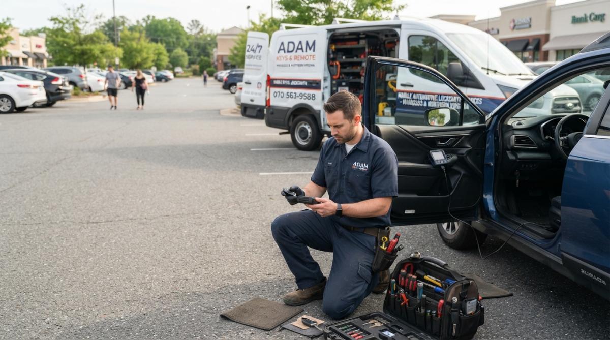 Professional automotive locksmith technician working on car key programming at vehicle door, wearing branded uniform with tools visible, mobile service van in background
