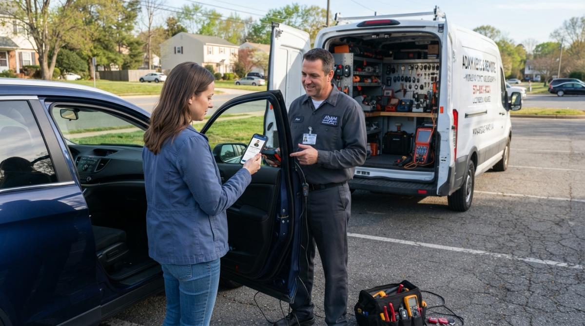 Customer reviewing locksmith credentials and identification on mobile device before service begins, professional interaction at vehicle door in daylight