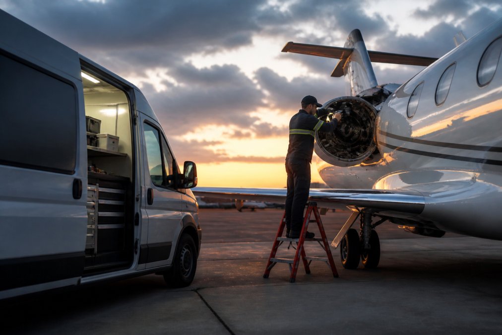 A mobile maintenance van parked beside a private jet on a tarmac at dusk, with a technician in safety gear inspecting the aircraft's engine