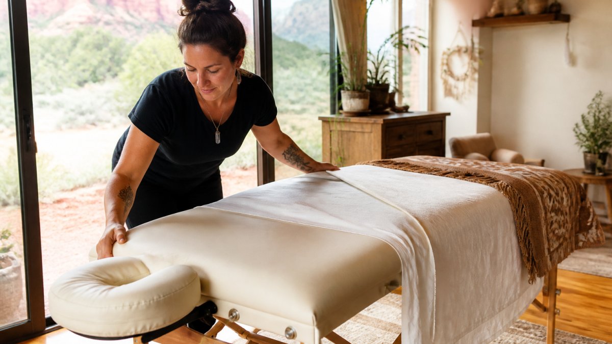 Professional massage therapist setting up portable massage table in bright, calm home interior with soft linens and warm natural lighting