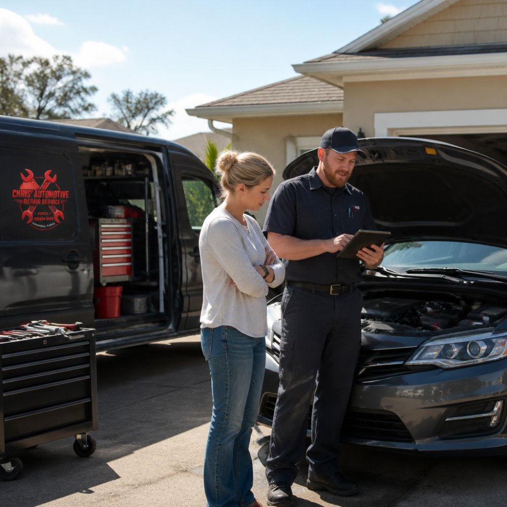 Professional ASE-certified technician in uniform reviewing vehicle diagnostics on a tablet while standing beside a customer's sedan in a residential driveway, morning sunlight illuminating the scene