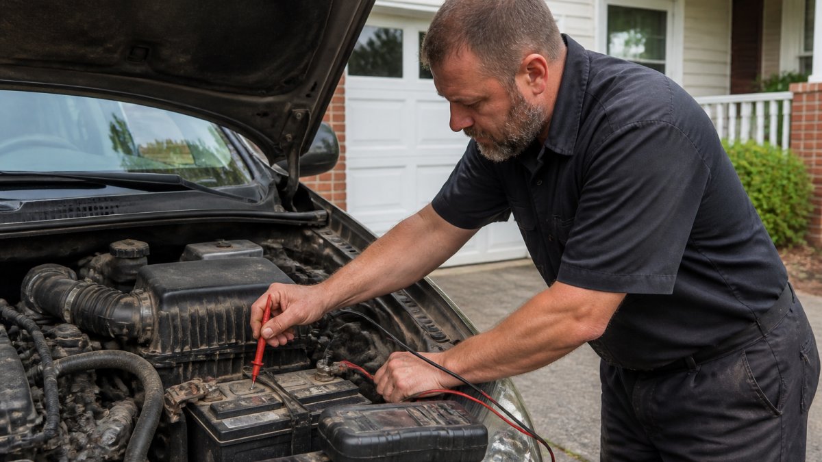 Mobile mechanic using a digital multimeter to test a car battery in a residential driveway