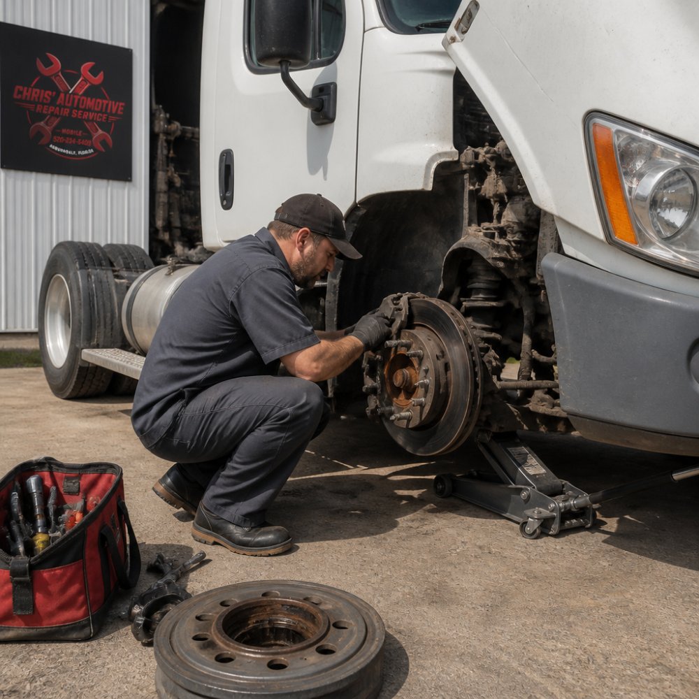 Professional mechanic performing brake inspection and repair on commercial truck at fleet yard with diagnostic equipment and tools visible, natural daylight