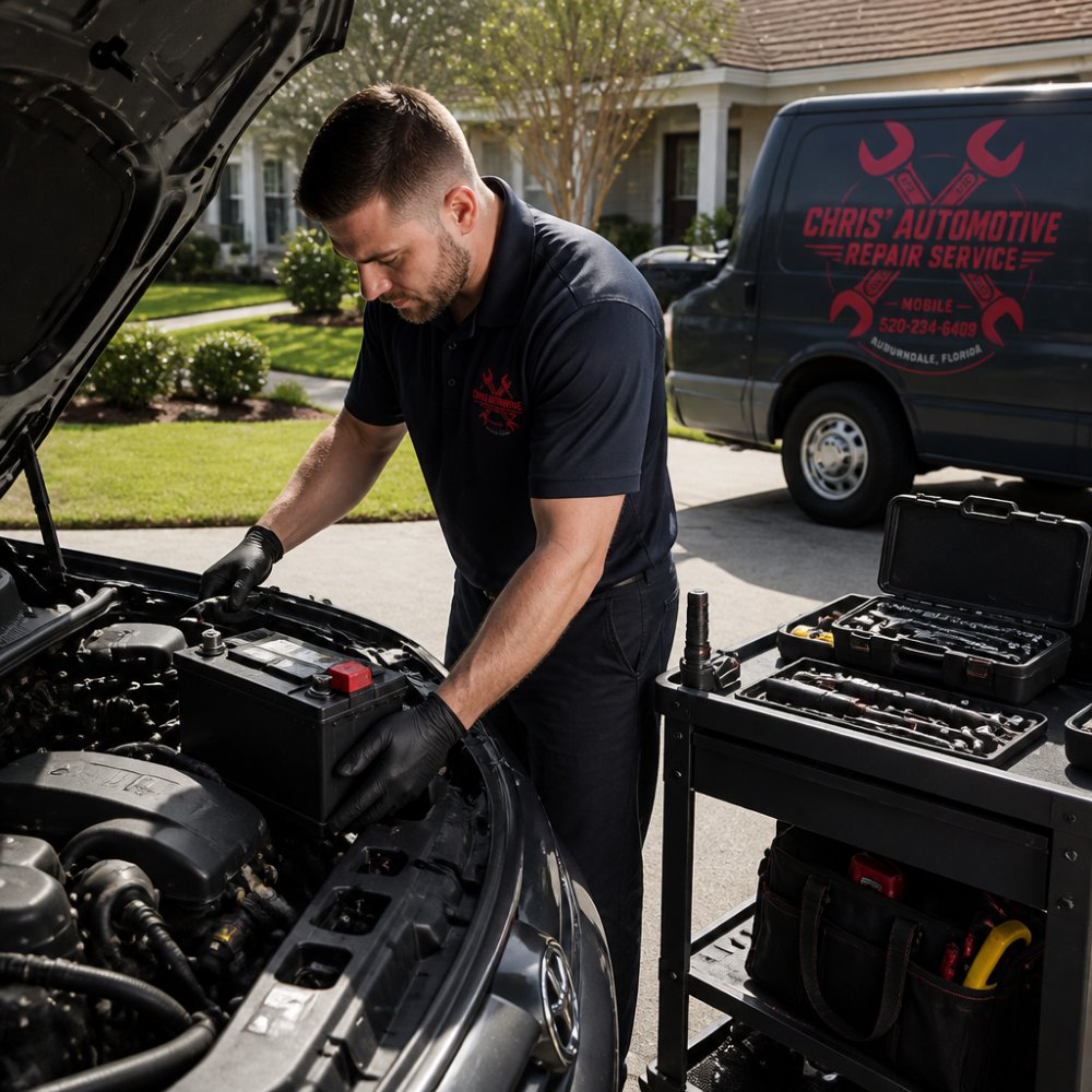 Mobile mechanic same-day service technician replacing a car battery in a residential driveway using diagnostic tools