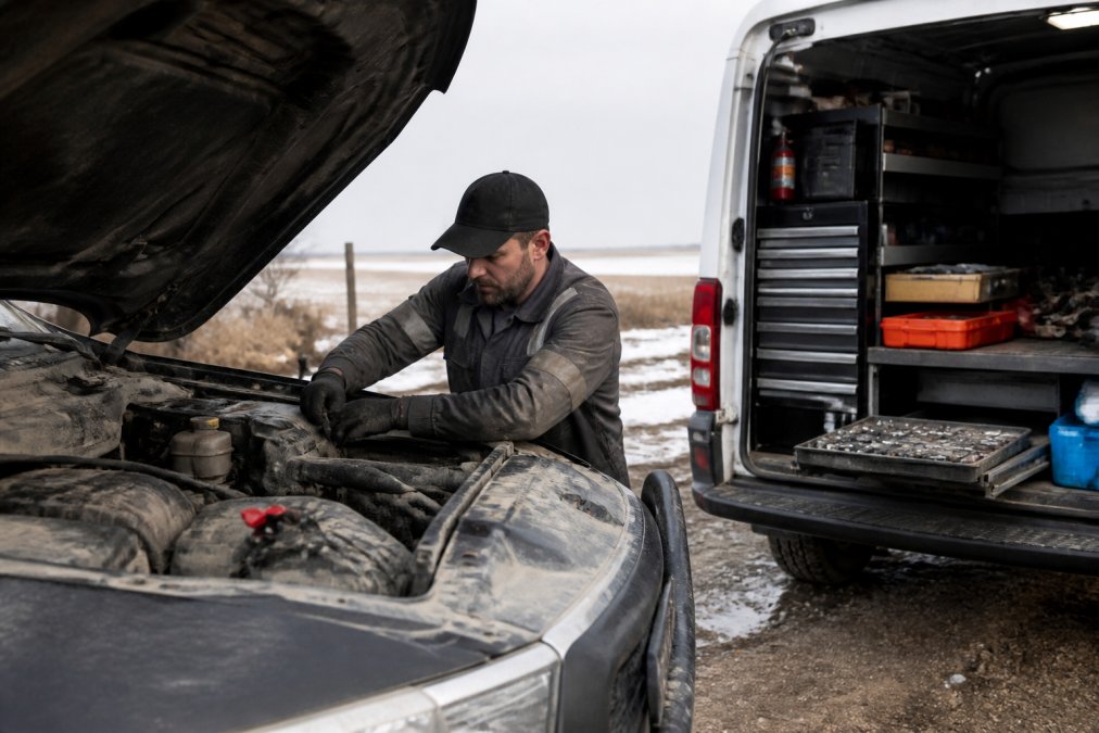 Journeyman mechanic performing engine diagnostics on a truck in a rural Alberta setting, with diagnostic tools and equipment visible on a service van