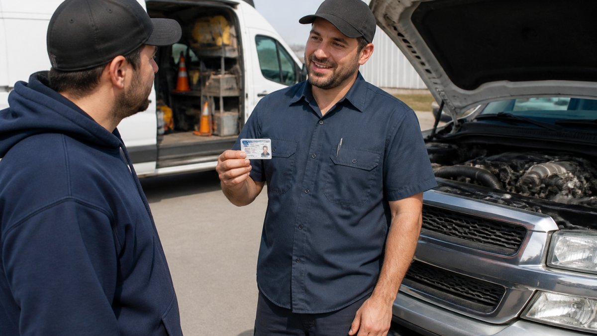 A journeyman-certified mobile mechanic in a clean work shirt showing his certification card to a truck buyer beside a used pickup truck, with a mobile service van visible in the background