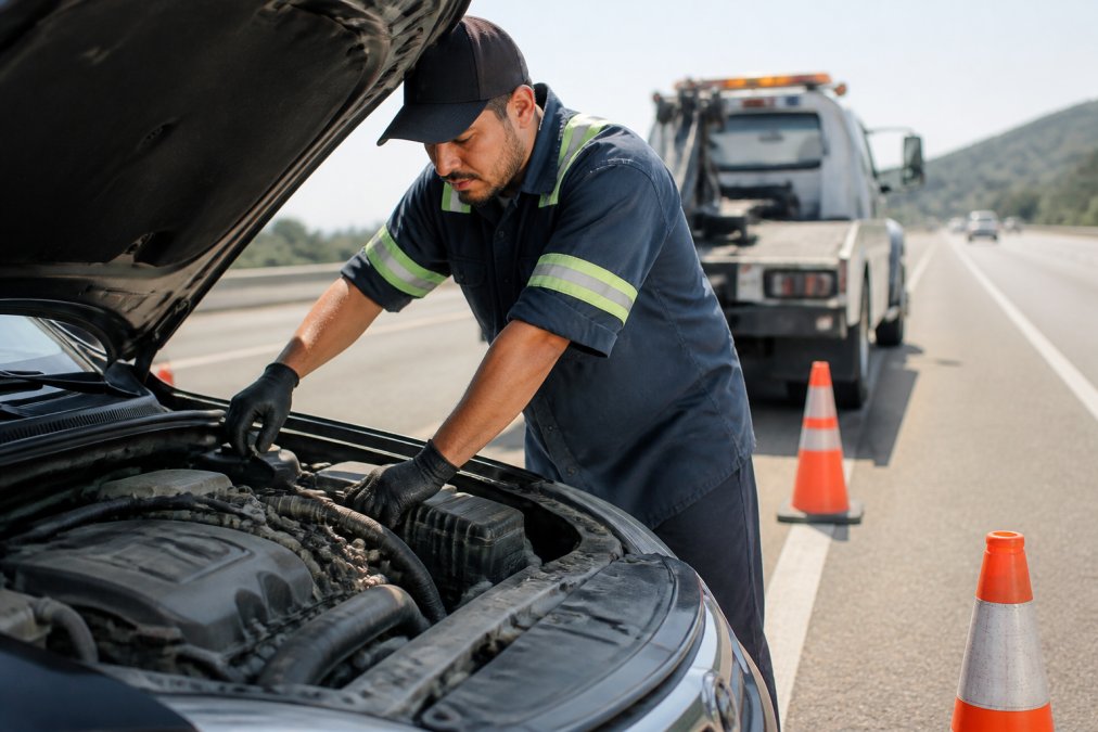 Professional technician in uniform working on vehicle engine on highway shoulder with safety cones and service truck visible in background, daylight
