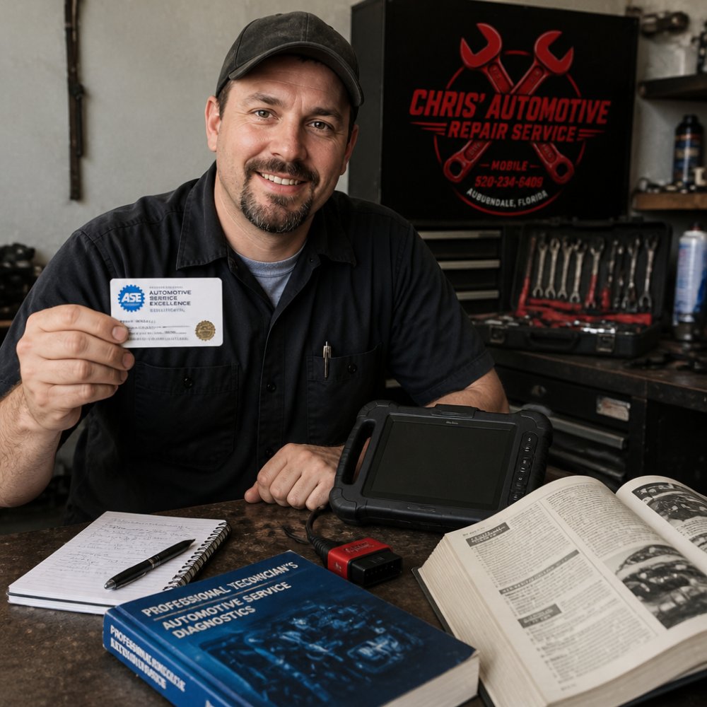 Professional mechanic displaying ASE certification card and credentials on workbench with automotive diagnostic tools and reference manuals