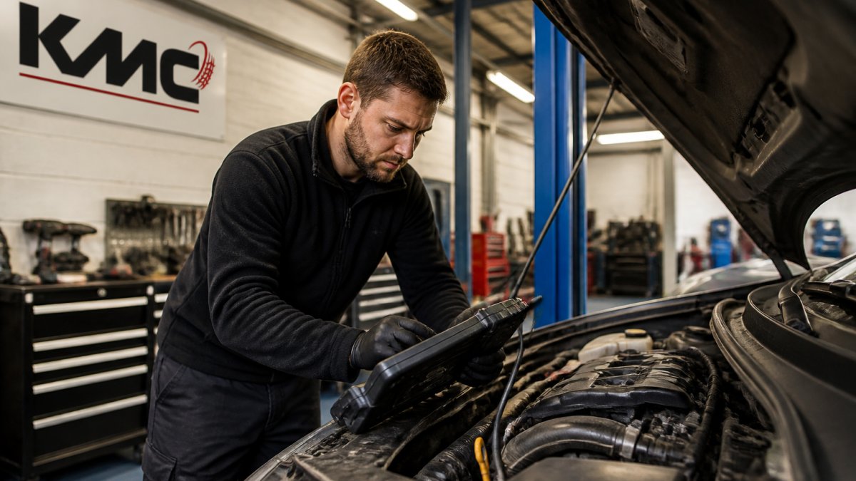 Professional mechanic using advanced diagnostic computer equipment and scanning tools on a vehicle in a well-equipped garage workshop with bright lighting