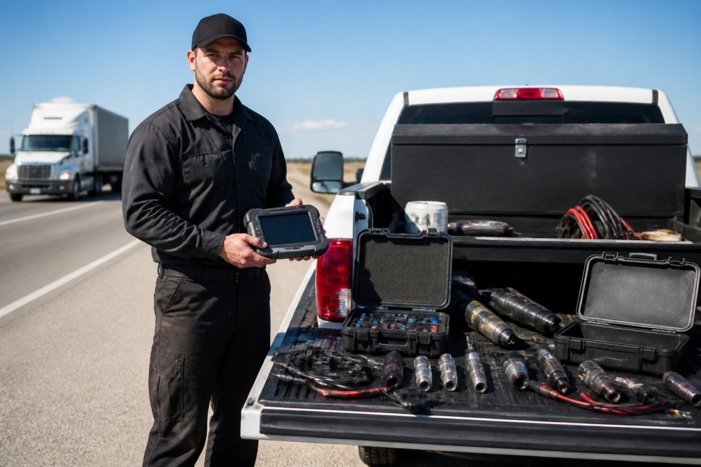 Professional diesel mechanic in work uniform holding a diagnostic scanner device while standing beside a white service truck parked on a highway shoulder in daylight, with tools visible in the truck bed