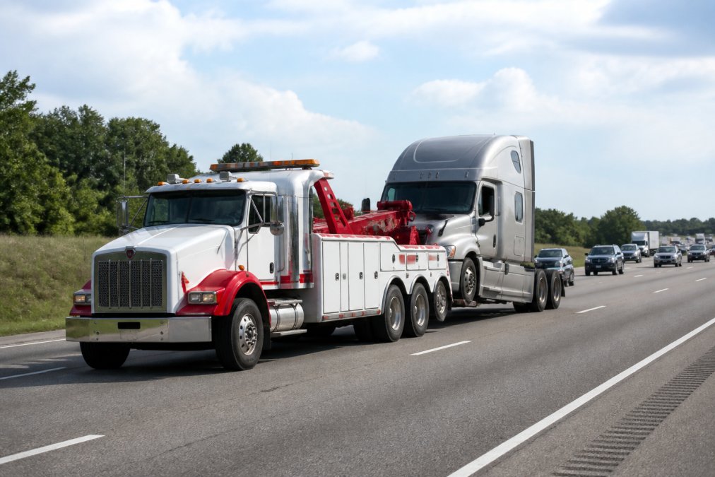 A white and red tow truck hauling a disabled silver semi-truck on a multi-lane interstate highway in bright daylight, with traffic visible in the background