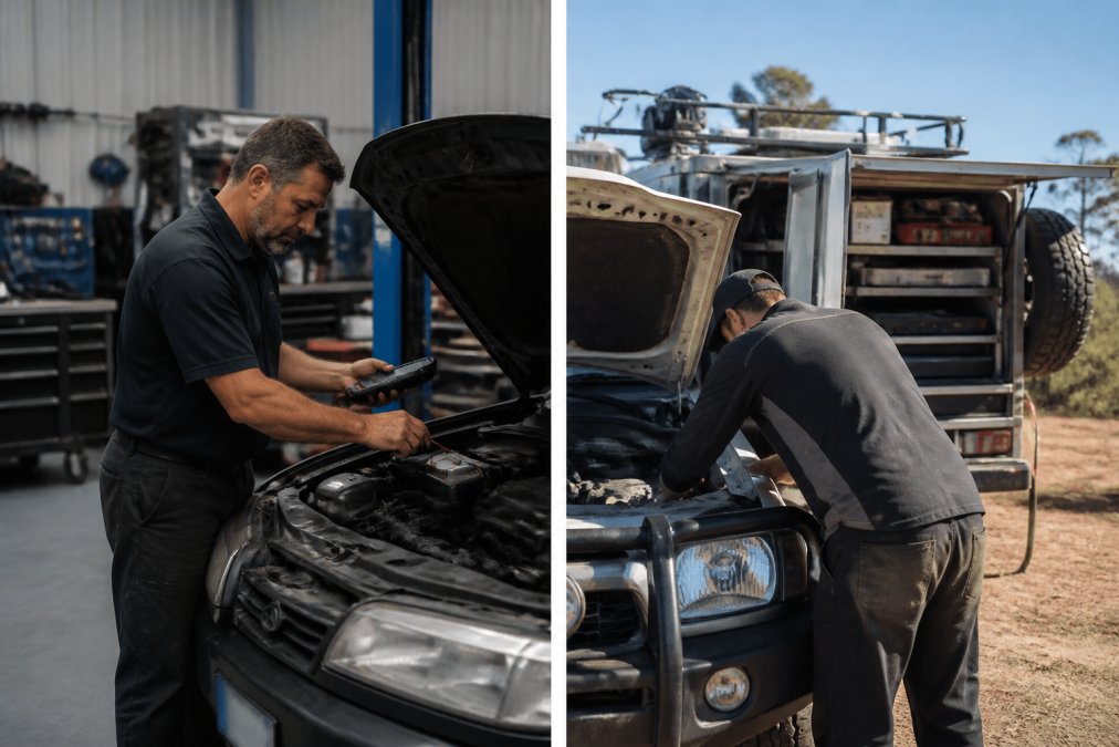 Professional mechanic performing diagnostic check on vehicle engine in well-equipped workshop with modern tools and diagnostic equipment visible