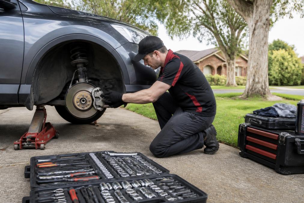 Mobile mechanic working on vehicle brake system at customer's home with tool kit laid out on ground, natural daylight, suburban driveway setting