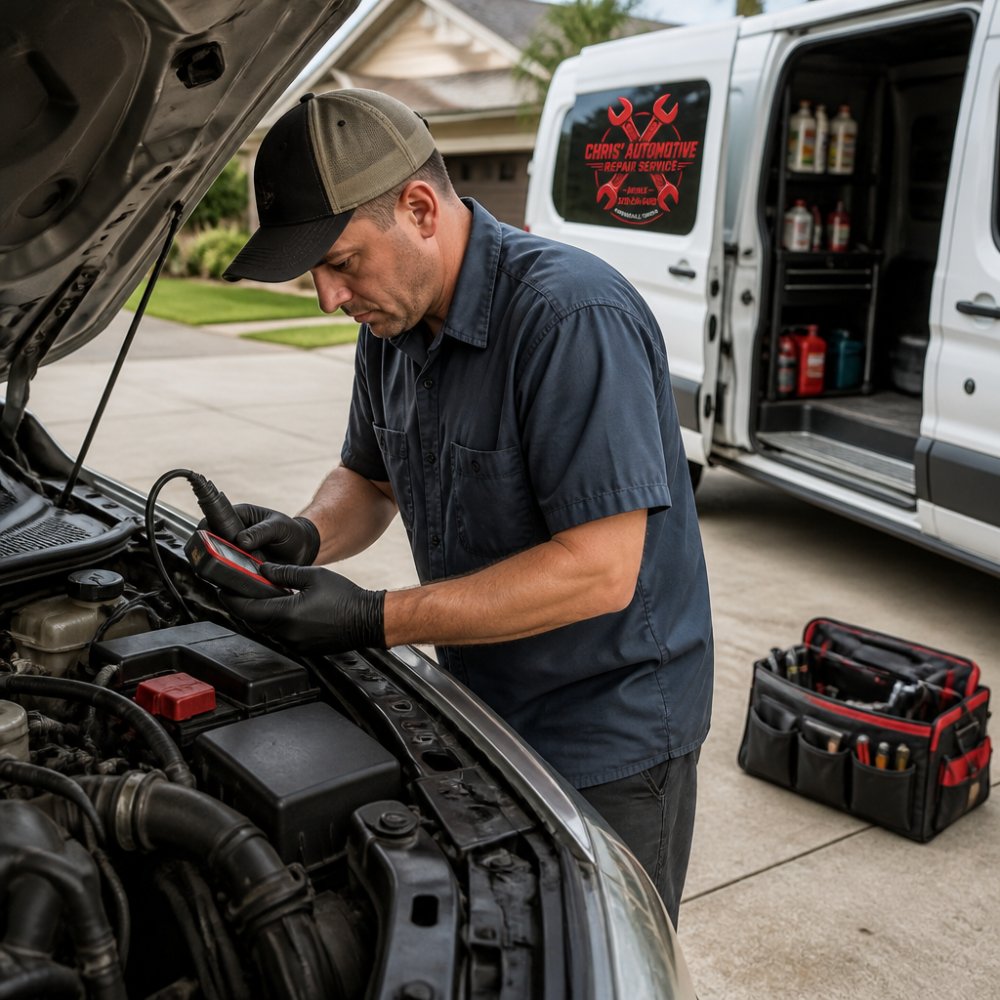 A mobile mechanic in work clothes using a handheld diagnostic scanner on a car parked in a residential driveway, with a service van and tool bag visible in the background