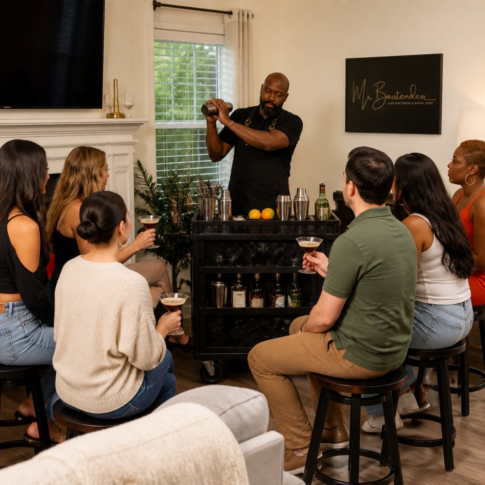 A professional mixologist in a black apron demonstrating a shaking technique behind a portable home bar cart in a warmly lit living room, with six guests seated on stools watching and holding cocktail glasses