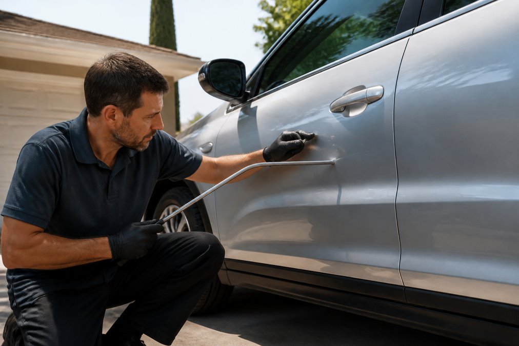 A professional dent technician in work clothes using a long metal PDR rod to massage a dent out of a silver car door in a residential driveway, with the vehicle's glossy factory finish catching afternoon sunlight