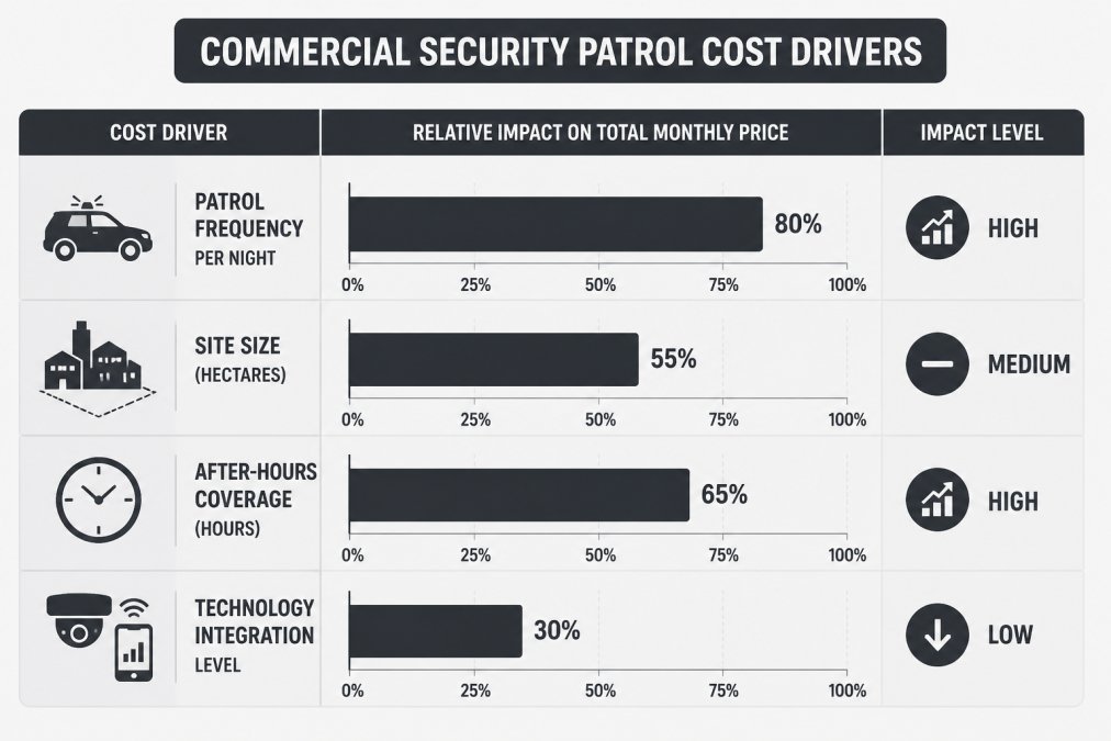 Bar chart comparing cost drivers: patrol frequency per night, site size in hectares, after-hours coverage hours, technology integration level. Relative impact on total monthly price shown as low, medium, high