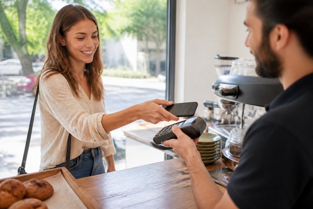Smiling customer tapping a smartphone on a cafe card reader to enjoy mobile payment processing benefits for customers