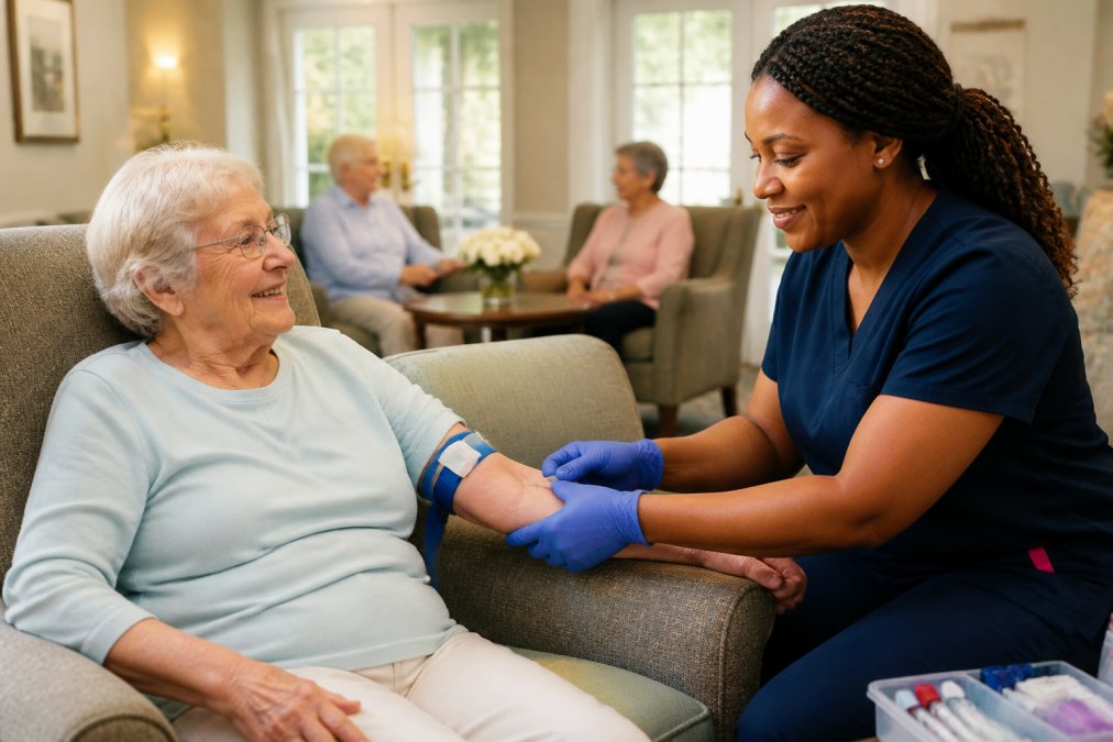 A professional phlebotomist in a clean uniform gently drawing blood from a senior resident seated comfortably in an armchair inside a bright, home-like assisted living common room