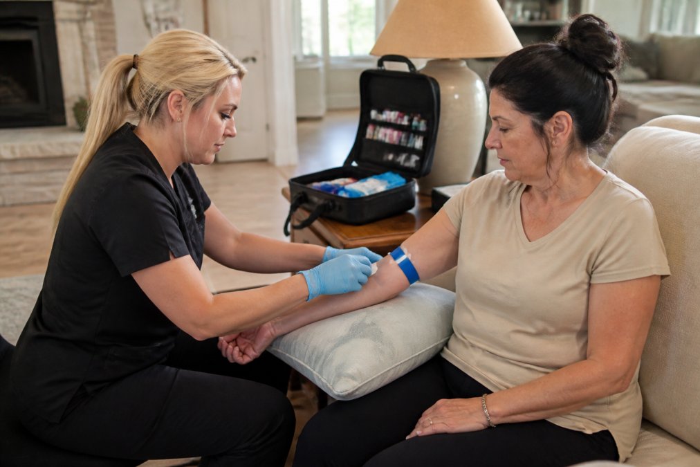 A licensed phlebotomist in gloves gently preparing a patient's arm for a blood draw in a bright, comfortable living room, with a small medical kit open on a side table