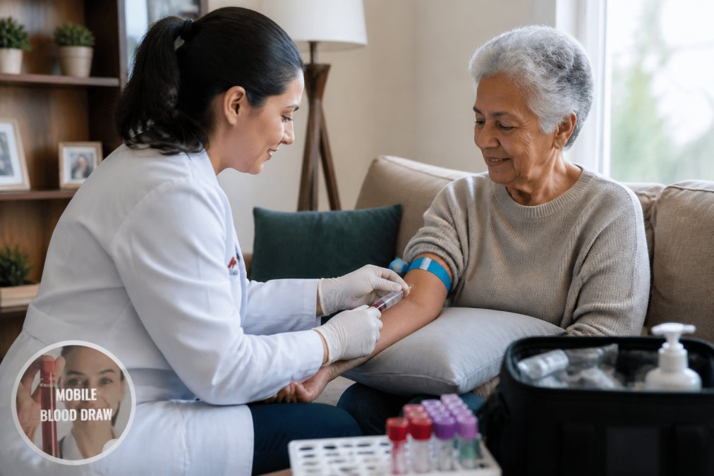 Professional phlebotomist carefully drawing blood from an elderly patient seated comfortably in their home with proper lighting and medical supplies organized nearby