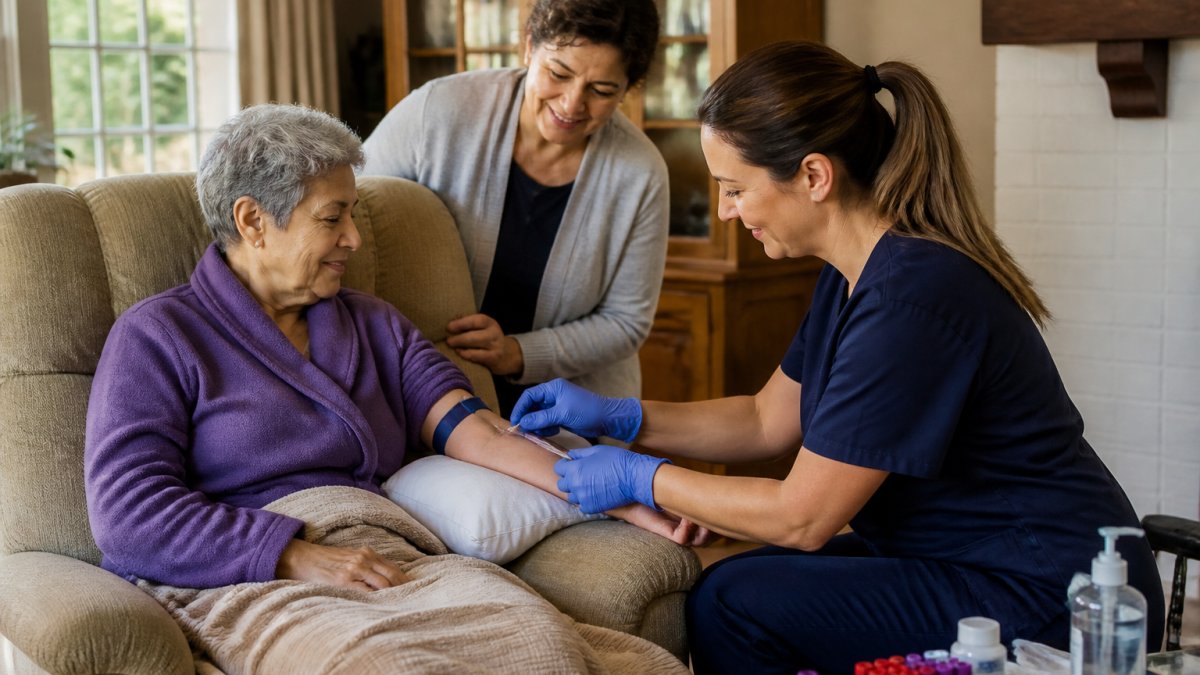 A licensed phlebotomist in scrubs gently drawing blood from an elderly patient seated in a comfortable armchair at home, with a caregiver nearby and medical supplies neatly arranged on a side table