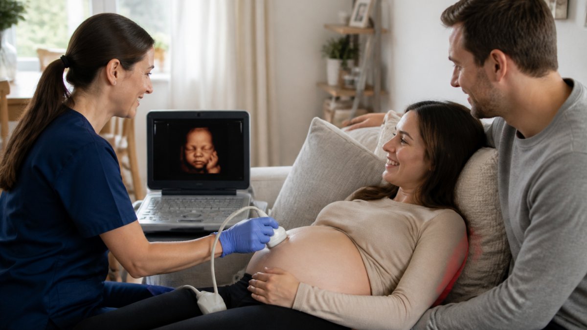 A pregnant woman lying comfortably on a sofa in a bright living room while a trained female sonographer in scrubs guides a portable ultrasound wand over her belly, with a small screen showing a 3D image and the partner watching nearby