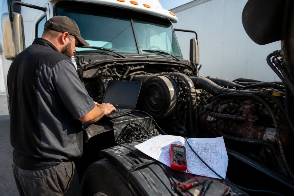 A technician in a service truck using a laptop connected to a heavy-duty semi-truck's diagnostic port, with a multimeter and wiring schematic spread across the engine bay in bright daylight
