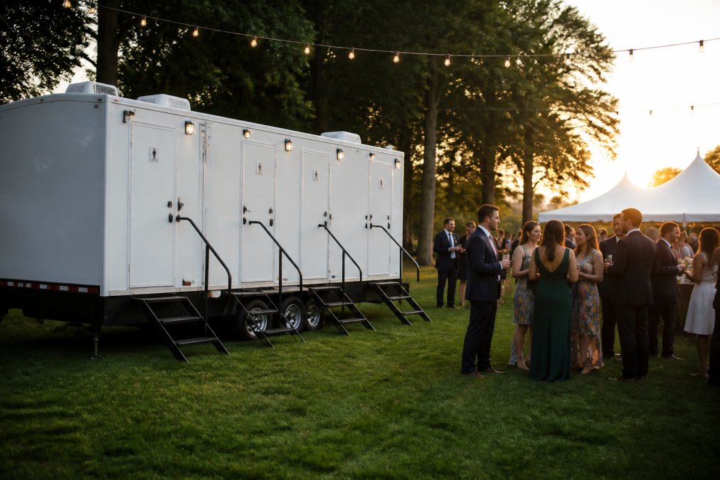 An elegant white restroom trailer parked on a manicured lawn at an outdoor wedding reception, string lights overhead, guests in formal attire mingling nearby during golden hour