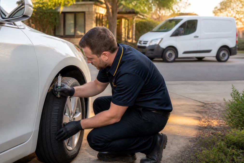 A licensed mechanic in a branded uniform inspecting a vehicle's tyre tread with a depth gauge in a residential driveway in Mildura, with a white service van parked on the verge in warm afternoon light