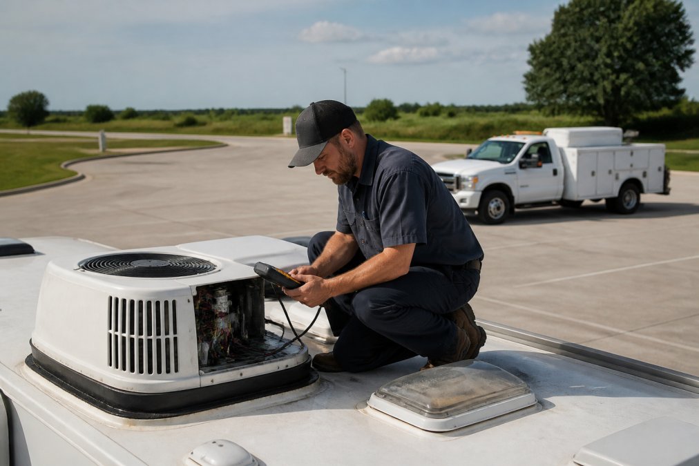 Mobile technician using diagnostic tools for RV AC repair on a rooftop unit at a highway rest stop