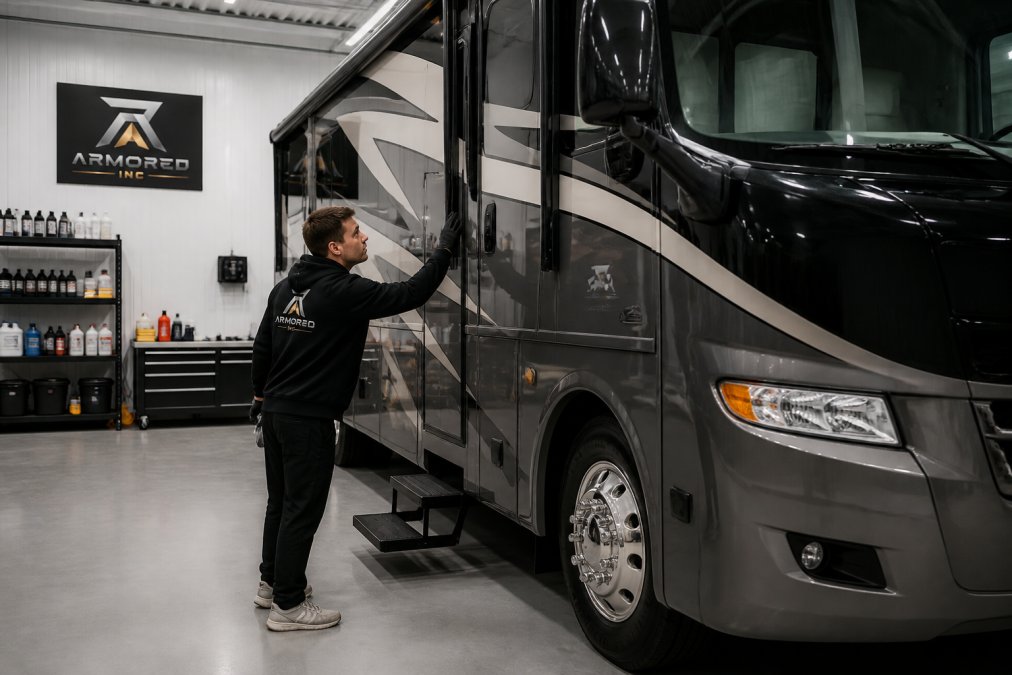 A large recreational vehicle parked inside a clean, well-lit detailing bay with a technician in uniform inspecting the paintwork, professional detailing equipment and supplies organized on shelving in the background