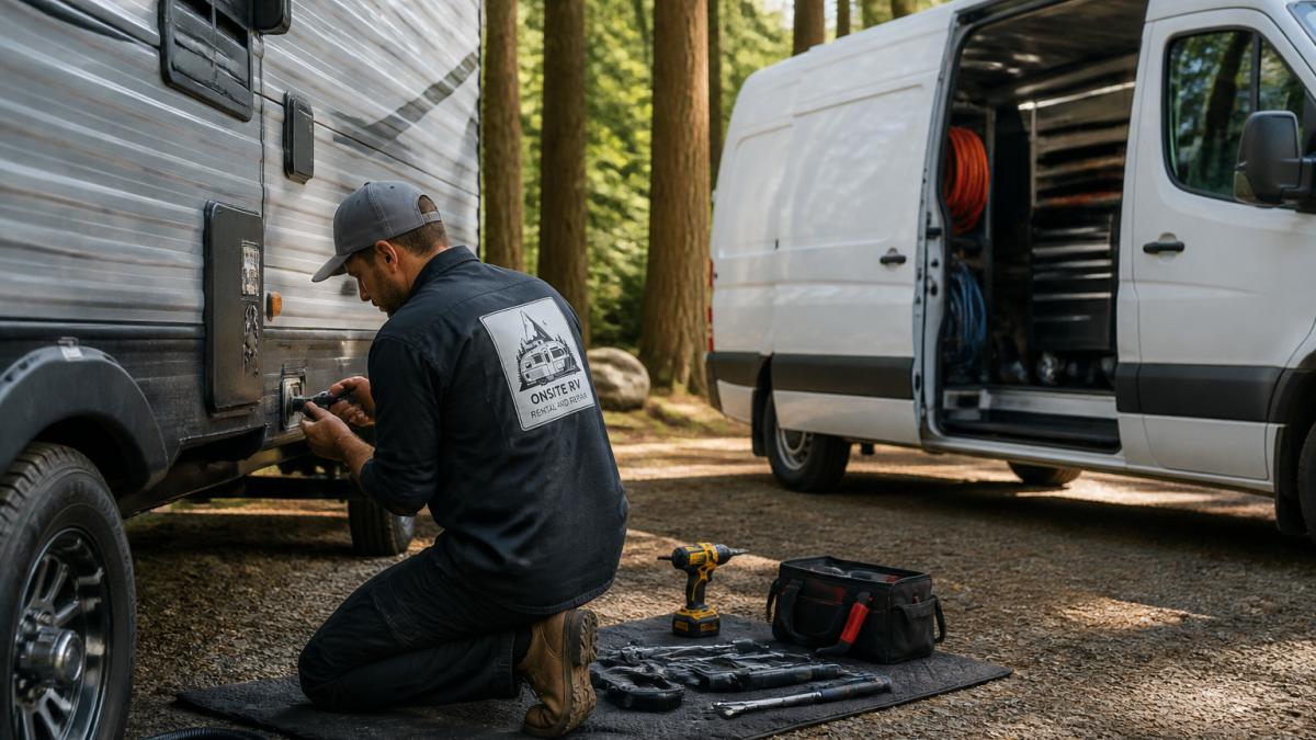 A certified RV technician in work clothes kneeling beside a travel trailer at a forested campsite, tools laid out on a mat, service van parked nearby