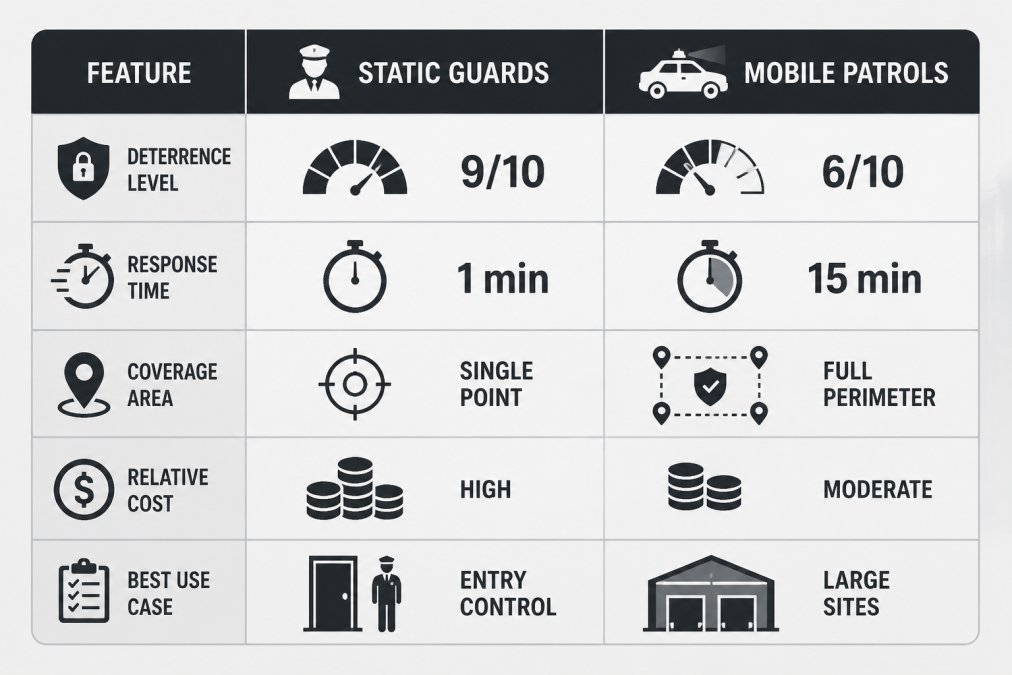 Comparison matrix chart with two columns (Static Guards, Mobile Patrols) scoring rows: Deterrence Level 9/10 vs 6/10, Response Time 1 min vs 15 min, Coverage Area Single point vs Full perimeter, Relative Cost High vs Moderate, Best Use Case Entry control vs Large sites