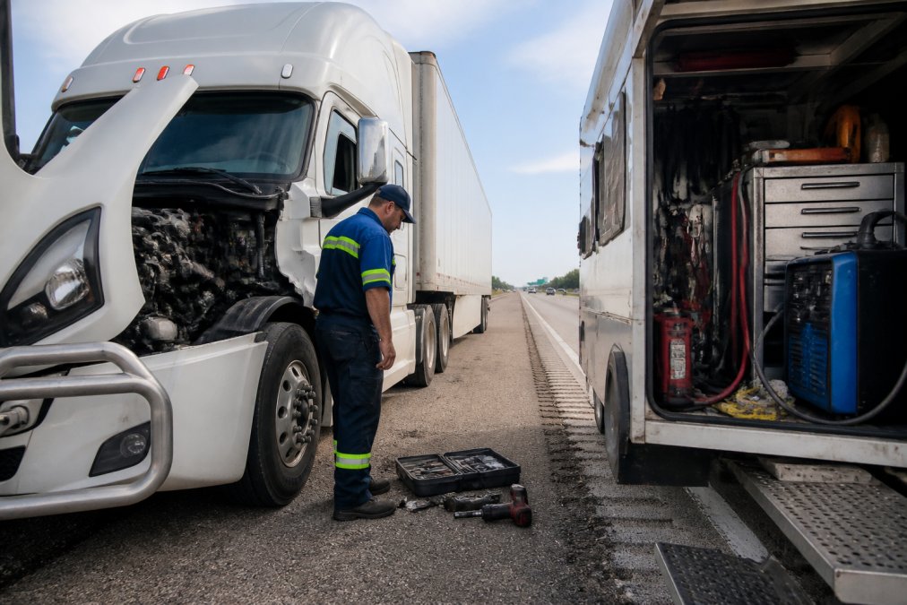 Mobile diesel service truck with technician and equipment parked on highway shoulder next to semi-truck during daytime, showing real roadside repair setup and technician in work gear