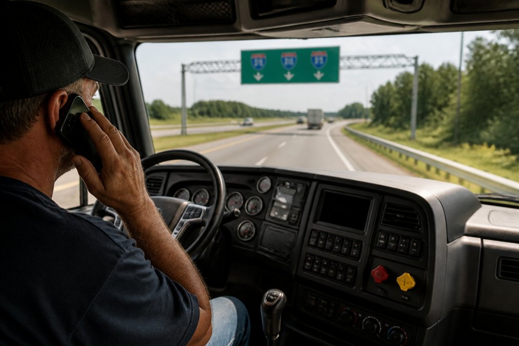 Truck driver in cab using mobile phone to call for roadside assistance, with highway and interstate signage visible through windshield during daytime