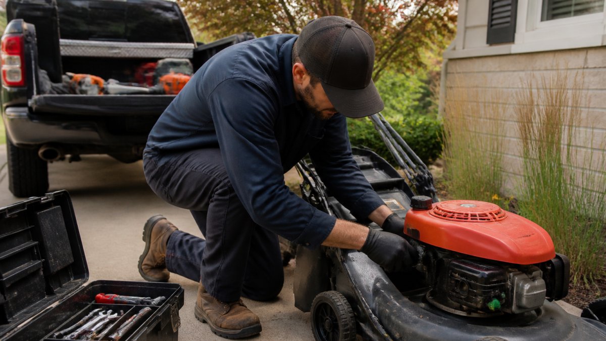 Technician performing on-site small engine repair on a lawn mower in a residential driveway