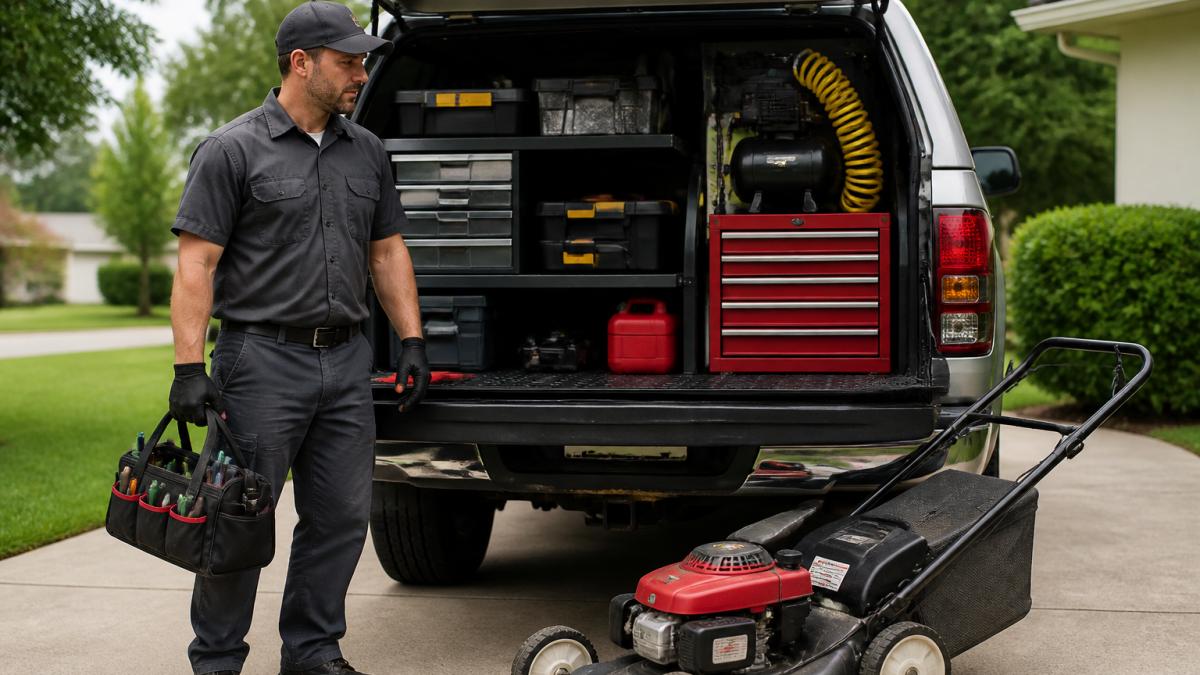 Professional mobile small engine repair technician standing beside a fully equipped service vehicle with tools, diagnostic equipment, and spare parts visible, preparing for on-site lawn mower repair