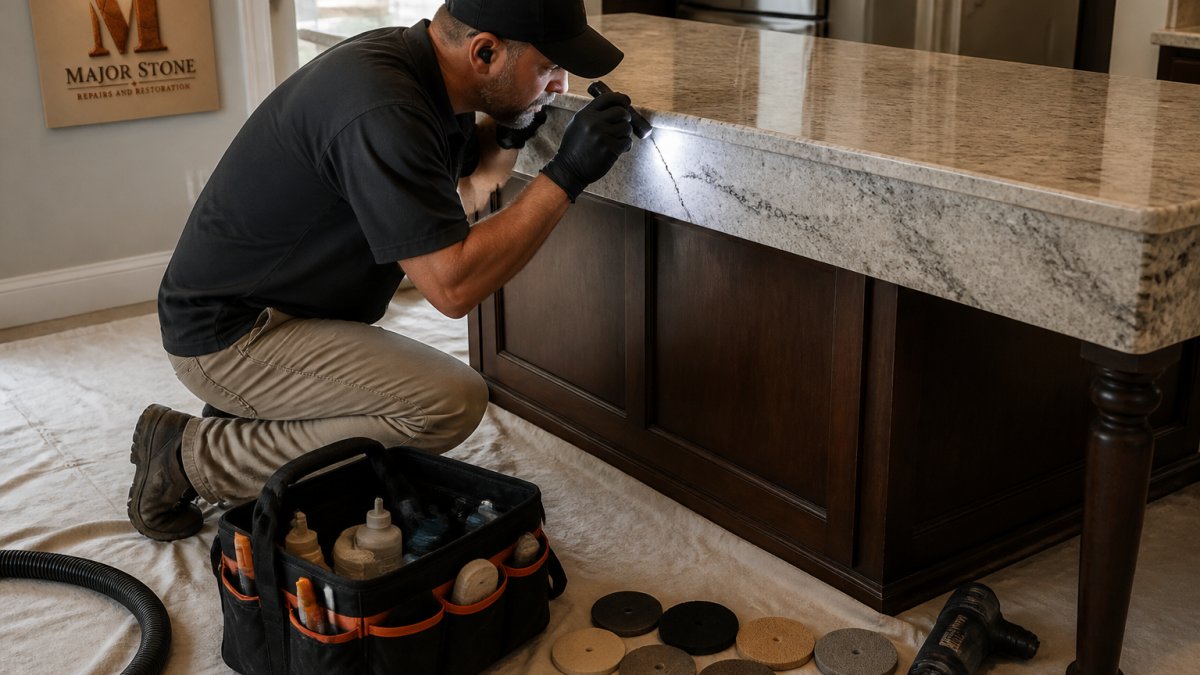 Technician performing mobile stone repair on a granite kitchen island crack